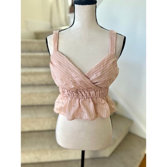 Maeve Light Pink & White Pinstripe Peplum Crop Top - Picture 2 of 6